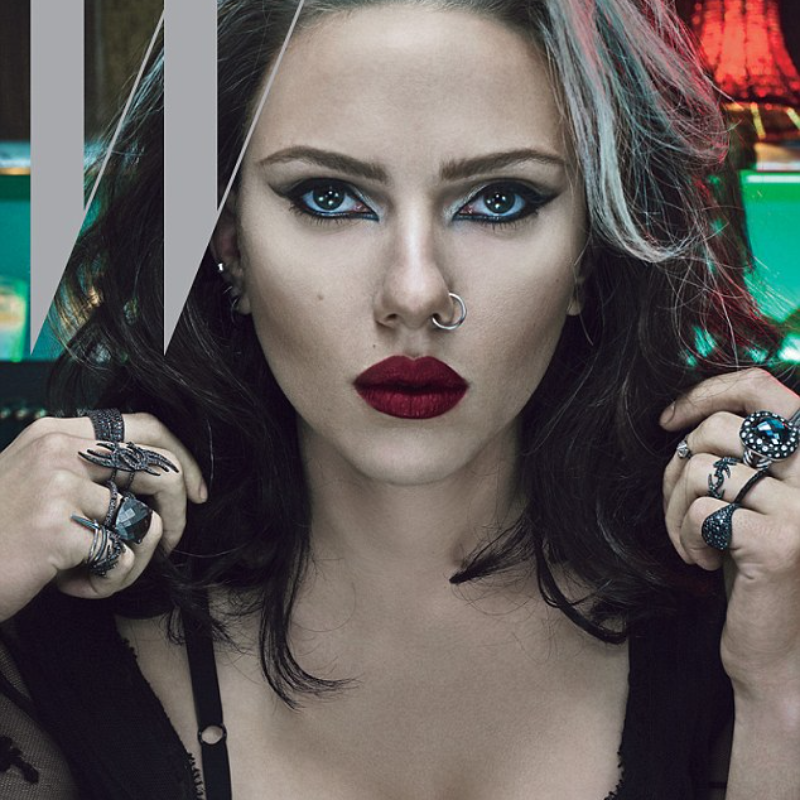 collector’s edition the 40th aniversary issue, Scarlett Johansson wears Cruella de Vil hairstyle and nose piercing