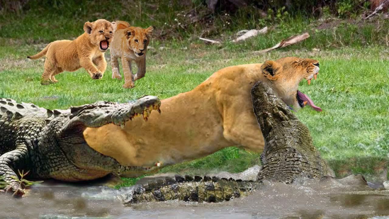 Madre león cruzó el río para salvar a dos cachorros cuando fue atacada por cocodrilos