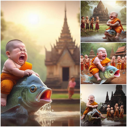 Las encantadoras y encantadoras imágenes de jóvenes monjes montando peces, una tendencia de moda en los últimos días, hacen reír a todos cuando las ven.