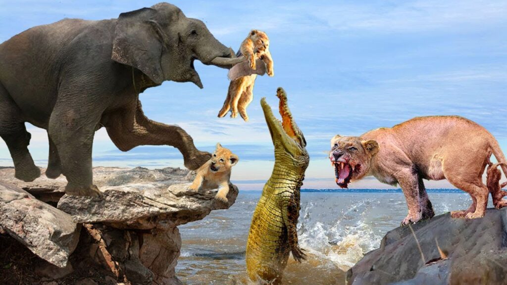 La madre león estaba indefensa en la orilla gritando desesperada mientras el elefante gigante y el cocodrilo tirano se unían para matar brutalmente al cachorro.